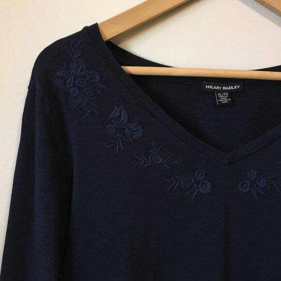 Cotton Modal Hilary Radley Soft Navy Blue With Floral Embroidered Collar - Picture 3 of 16